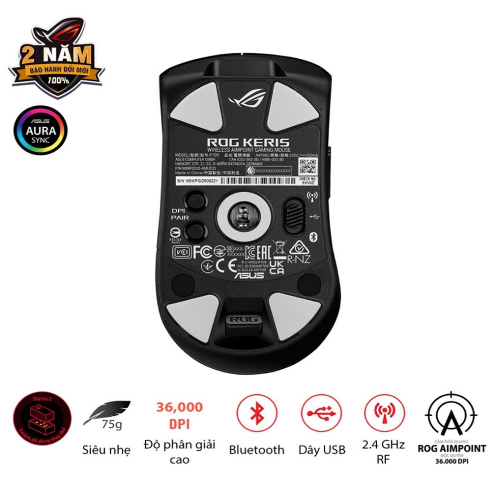 Chuột Gaming không dây Asus Keris Wireless Aimpoint Black (Bluetooth/Wireless/ LED RGB) - Ảnh 3